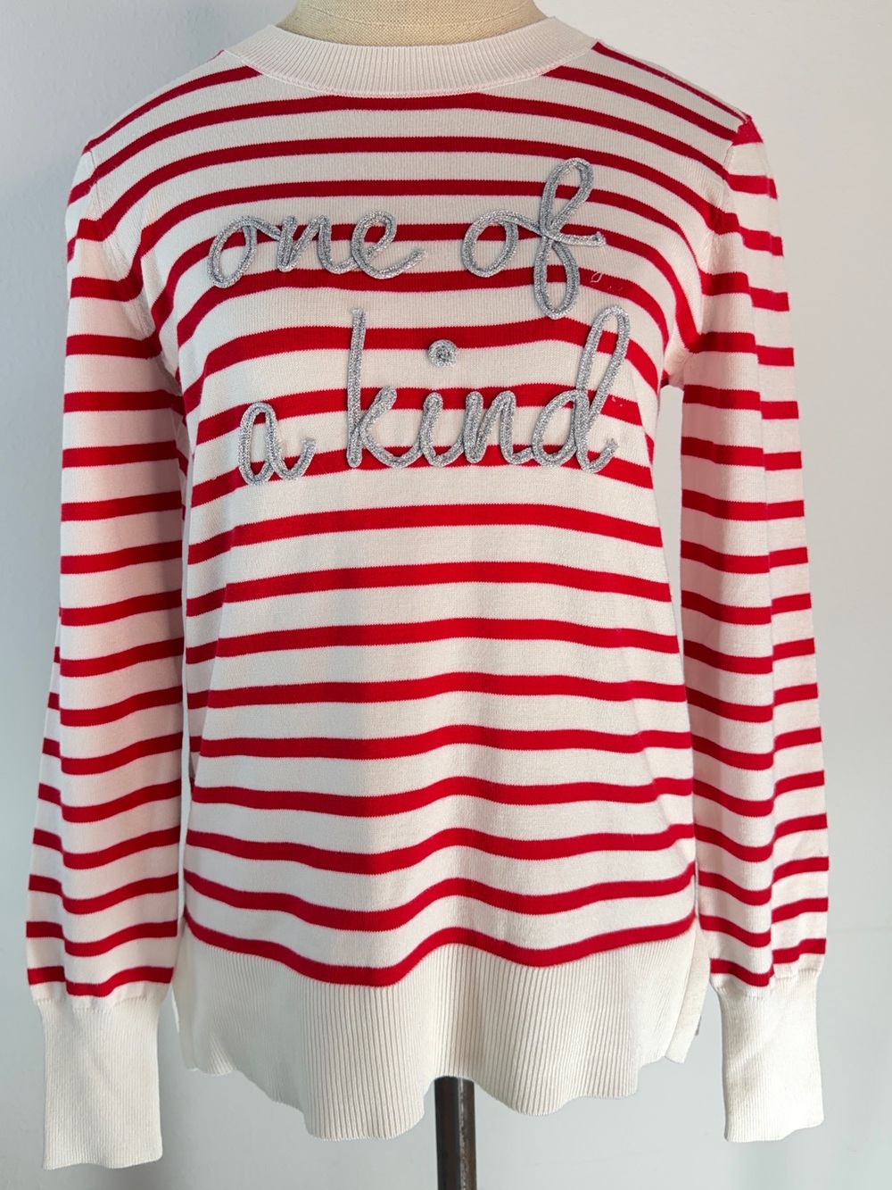 Marled Red White Striped Sweater One Of A Kind Script Nautical Prep Modern XS